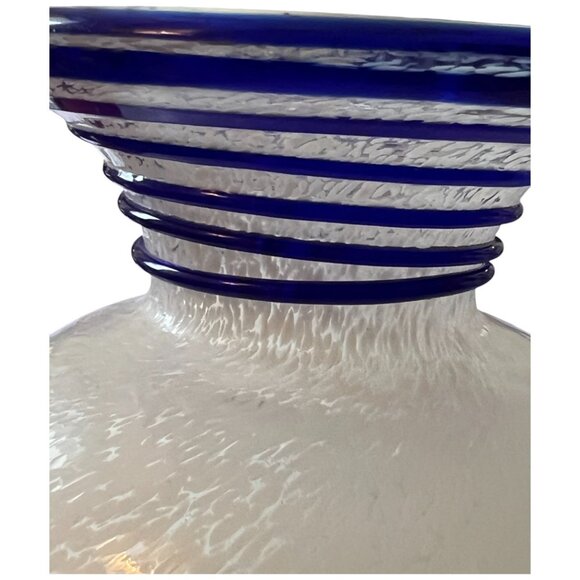 Art Glass Vase– Cobalt Blue Applied Swirl, White Textured Body, Flared Mouth - Picture 7 of 7